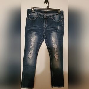 Trendy Distressed Ankle Jeans in Deep Blue